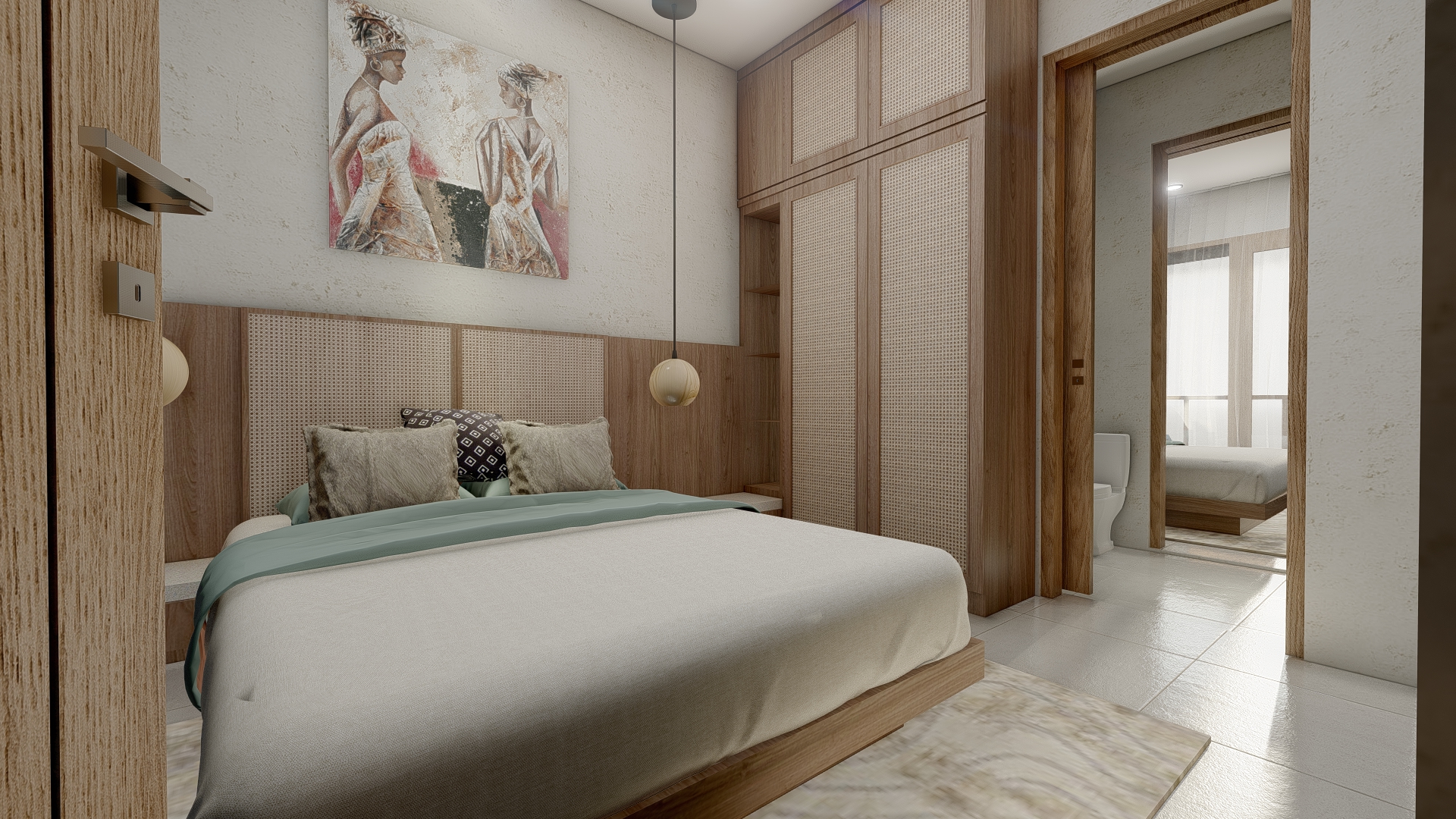 ENADIA RISE ensuite bedroom with rattan wardrobe and art