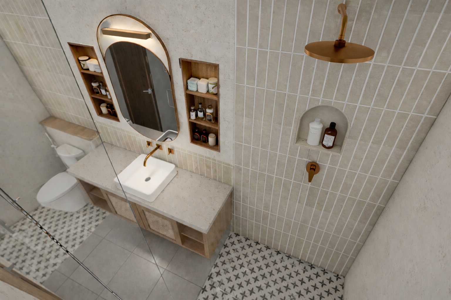 ENADIA RISE ensuite bathroom with arched mirror and walk-in shower