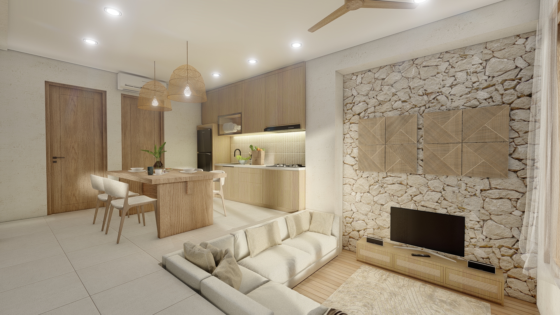 ENADIA RISE living room with natural stone feature wall